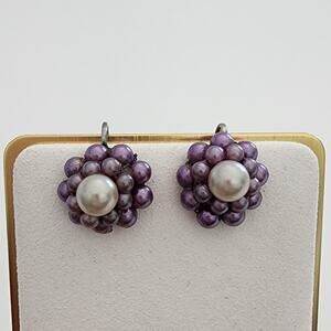 Vintage‎ purple beaded flower shaped screw on clip on earrings